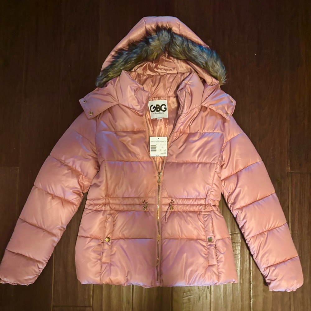 Guess GBG Los Angeles Rose Shade Demi Fur Hooded Puffer Jacket
